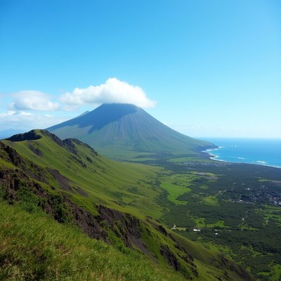 Volcano overlooking green hills and ocean