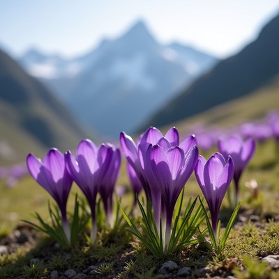 Purple crocuses in mountain meadow