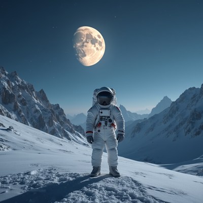 Astronaut standing on snowy moonlit mountains