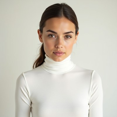 Woman in white turtleneck sweater