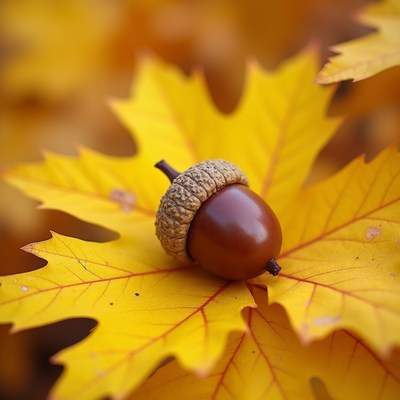 Acorn on yellow autumn leaf