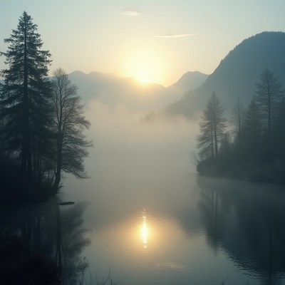 Sunrise over misty lake and mountains