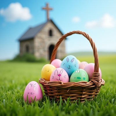 Easter Basket with Eggs and Church