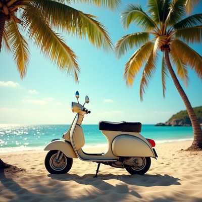 White Vespa scooter on tropical beach