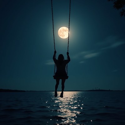 Silhouette woman swinging over moonlit lake