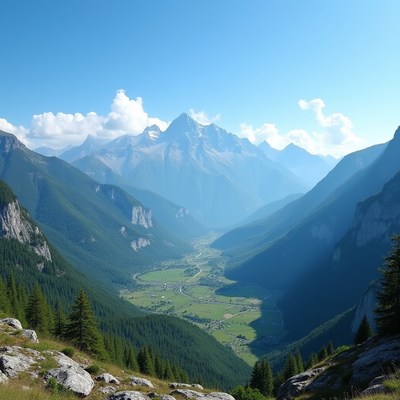 Mountain Valley with Green Meadows