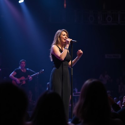Woman singing on stage with band