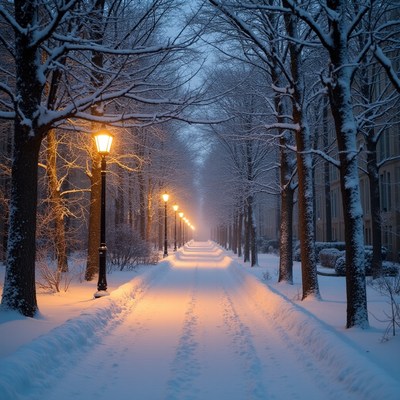 Snowy Tree-Lined Path with Streetlights
