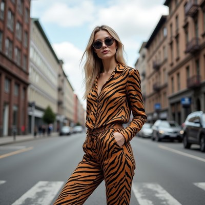 Blonde woman in tiger print jumpsuit on street