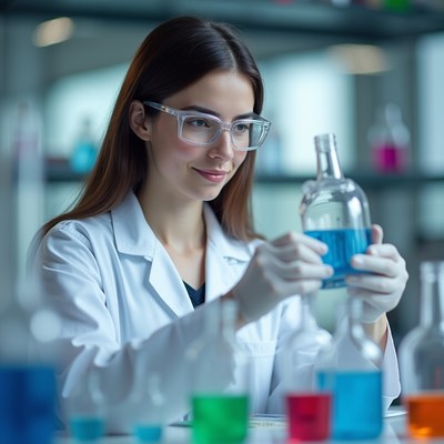 Woman scientist holding blue liquid