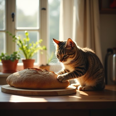 Kitten pawing fresh bread loaf