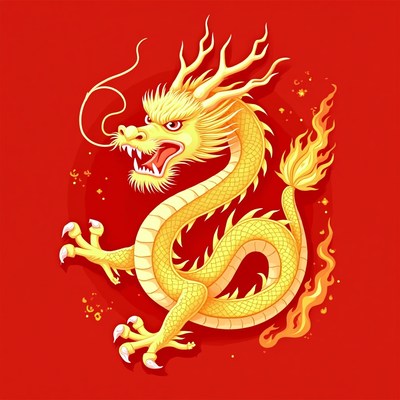 Golden Chinese Dragon on Red Background