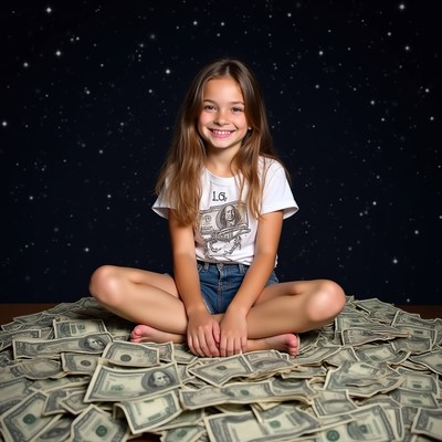 Girl smiling on pile of money