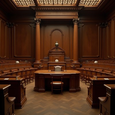 Empty Wooden Courtroom Interior