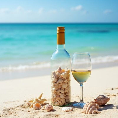 Wine Bottle with Glass on Beach