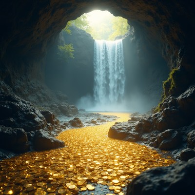 Cave with waterfall and golden coin stream