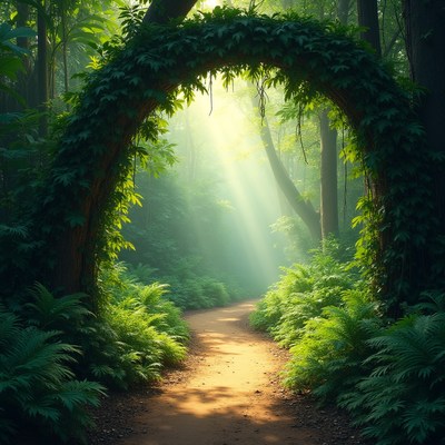 Ivy-Covered Archway in Sunlit Forest Path