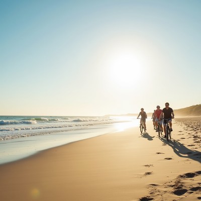 Group cycling on sunny beach