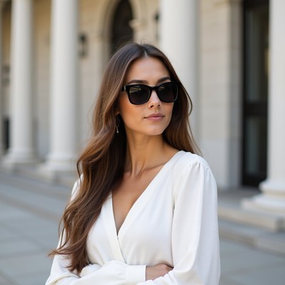 Woman in sunglasses outside columns