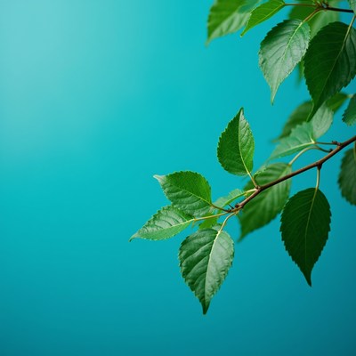Green birch leaves on blue background