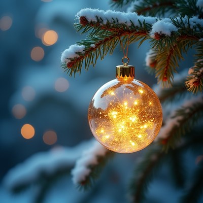 Glowing Golden Christmas Ornament on Snowy Tree