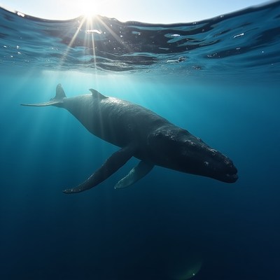 Humpback Whale Swimming Underwater Sunlight
