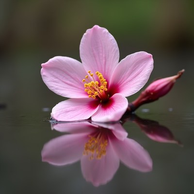Pink flower floating on water reflection