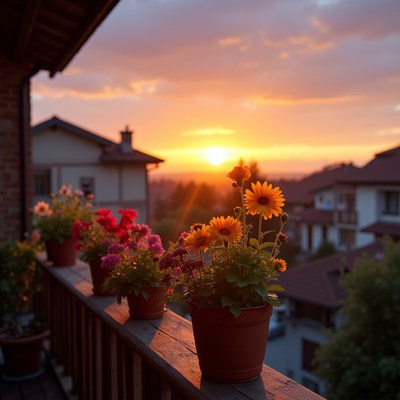 Sunset balcony with colorful flower pots