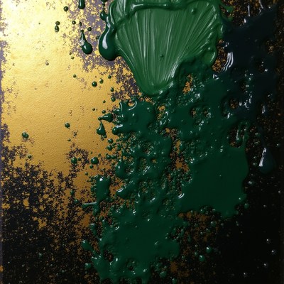 Green Paint Splatter on Gold Background
