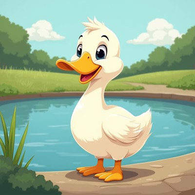 Cute cartoon duck by pond