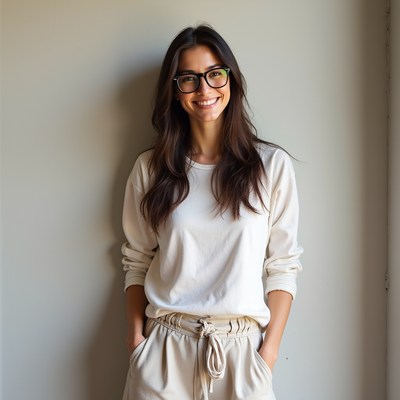 Smiling woman in glasses against wall