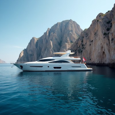 White luxury yacht anchored near cliffs