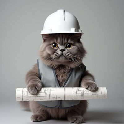 British Shorthair Cat in Hard Hat with Blueprints