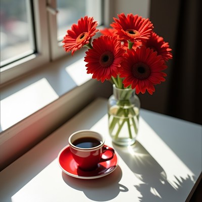 Red Gerber Daisies with Coffee Cup