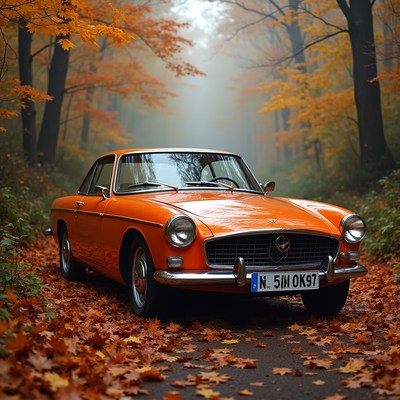 Orange vintage car in autumn forest
