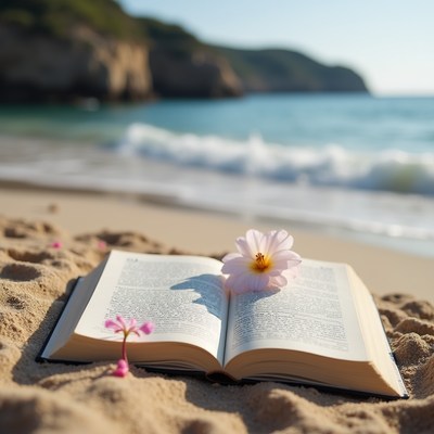Open book with pink flowers on beach