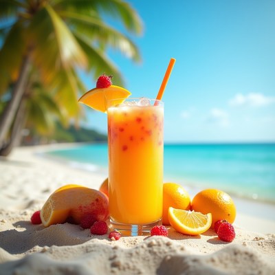 Tropical Mango Drink on Beach