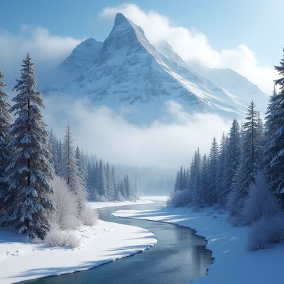 Snowy Mountain River with Pine Trees