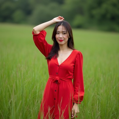 Asian woman in red dress in grass field