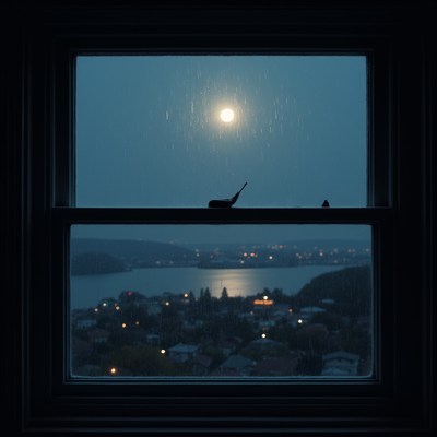 Moonlit Rainy Night View Through Window