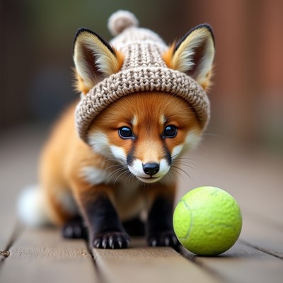 Cute red fox wearing knitted hat with tennis ball