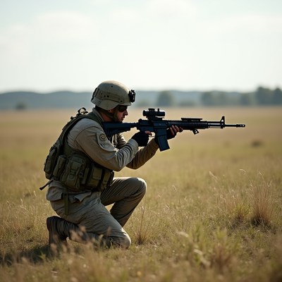 Soldier aiming rifle in field