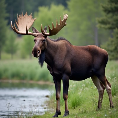 Bull Moose Standing by Forest Pond