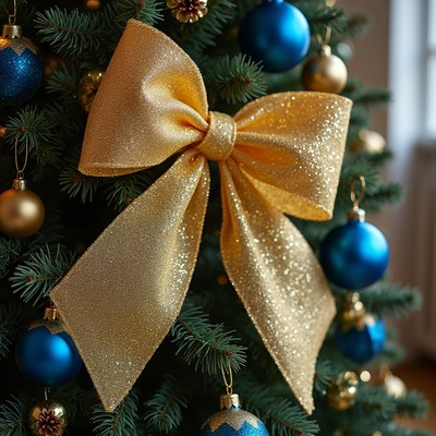 Gold bow on Christmas tree