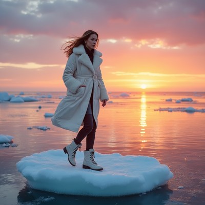 Woman standing on ice floe at sunset