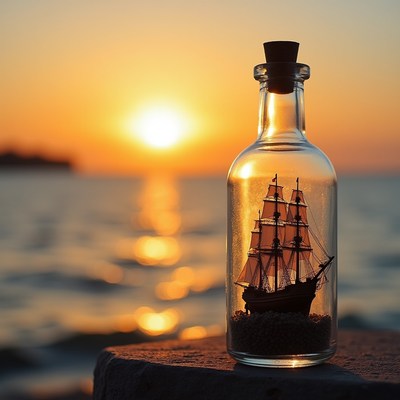 Ship in a Bottle at Sunset