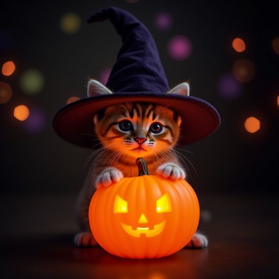 Kitten in Witch Hat Holding Jack-o-Lantern