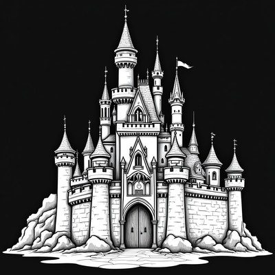Black and White Cinderella Castle Illustration