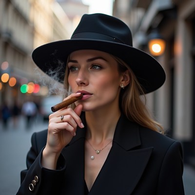 Woman smoking cigar in black hat
