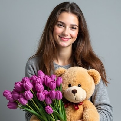 Woman holding tulips and teddy bear